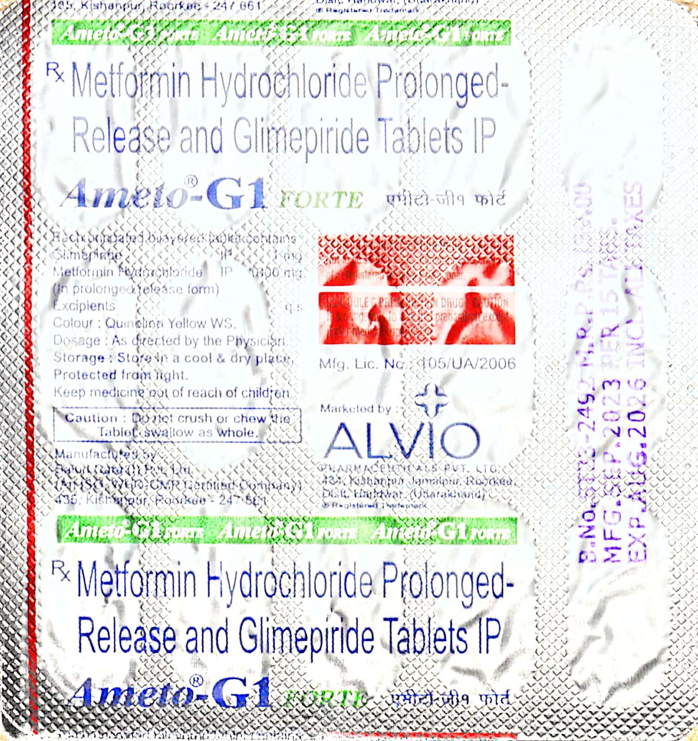 Metformin Hydrochloride Prolonged- Release and Glimepiride Tablets IP  Ameto-G1